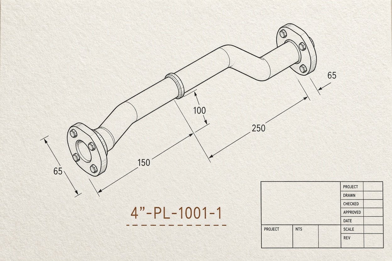 An illustrated piping spool drawing on paper, marked as not a project drawing.