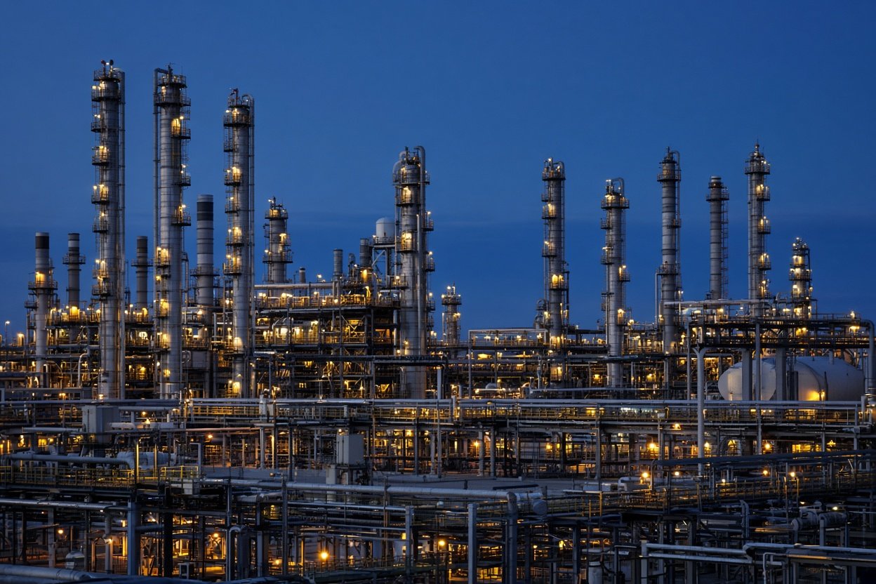 An onshore process plant at blue hour, columns and pipe racks lit in rows.